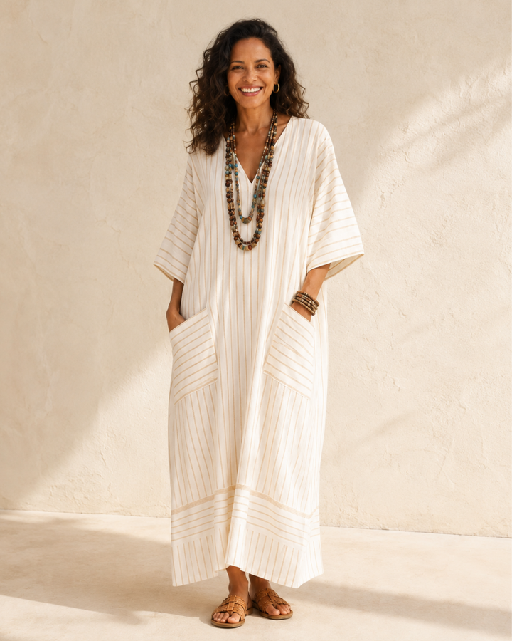 Beige Striped Kaftan