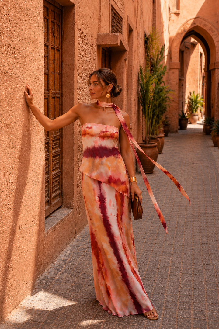 Cara | Long printed dress with strapless neckline