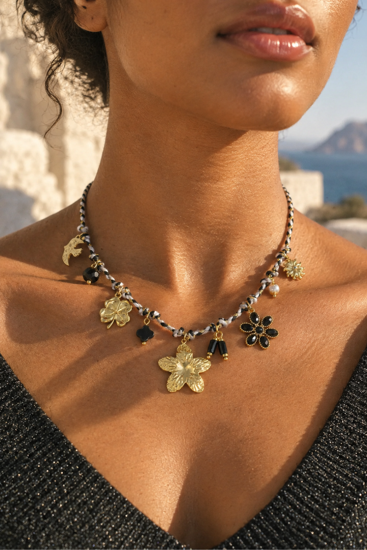 Black Flower Charm Necklace