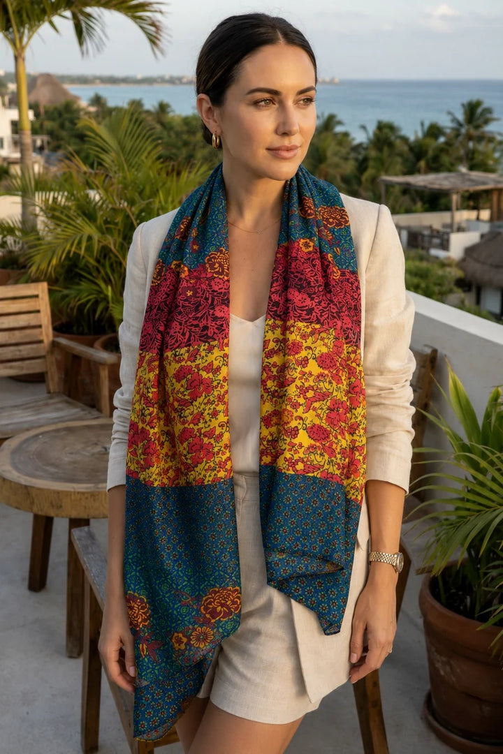Blossom and Teal Silk Scarf