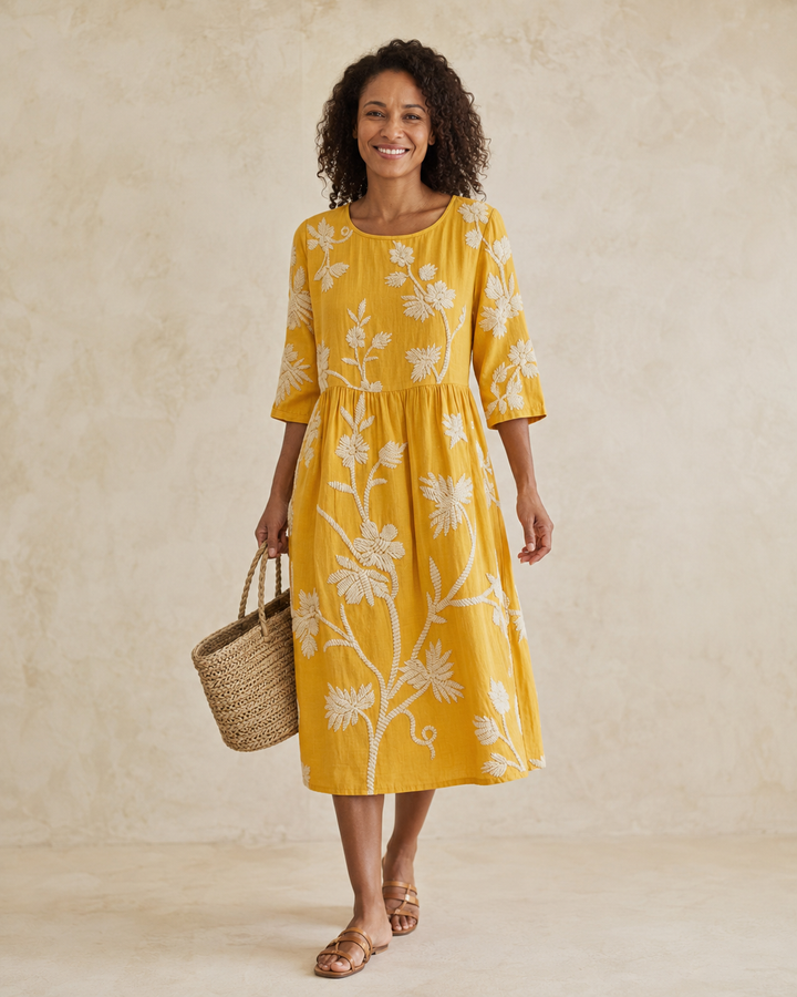 Chanté | Midi Dress with Plant and Flower Embroidery