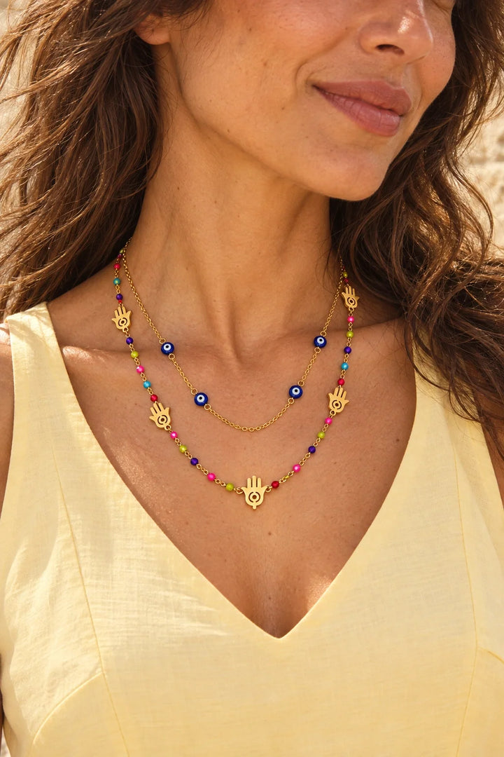 Colourful Evil Eye and Hand Charm Necklace