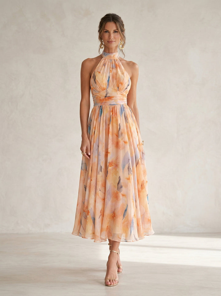 Chloe | Halter Neck Dress with Watercolor Print