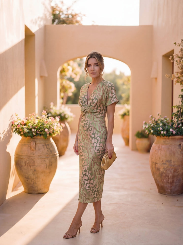 Megan | Midi Dress with Slimming Effect, Central Knot, and Fluid Drape