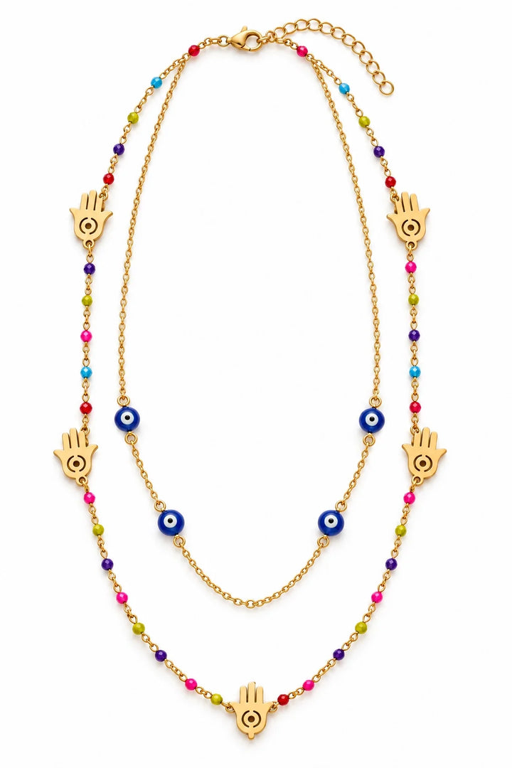 Colourful Evil Eye and Hand Charm Necklace