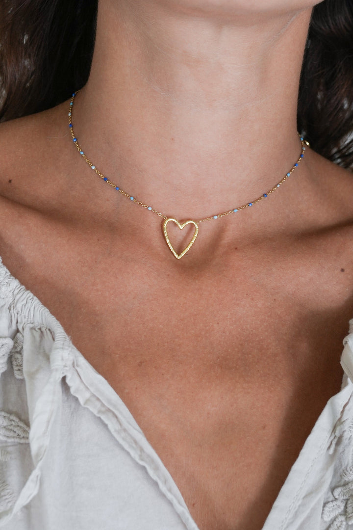 Blue Beaded Heart Necklace