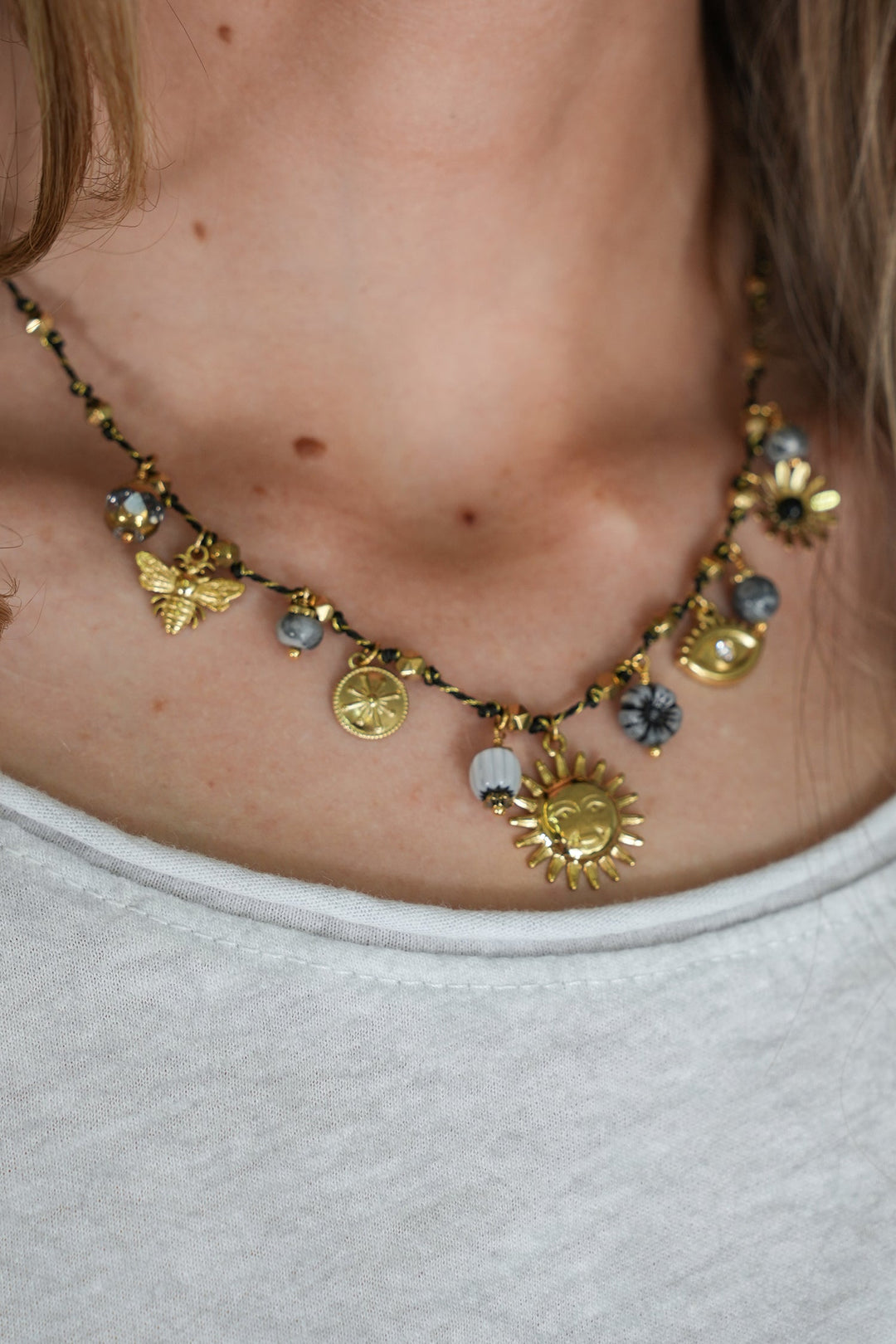 Grey Sunflower Charm Necklace