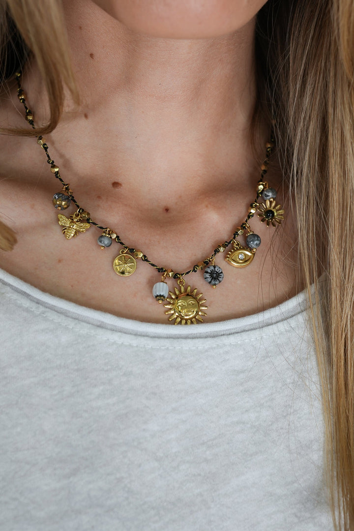 Grey Sunflower Charm Necklace