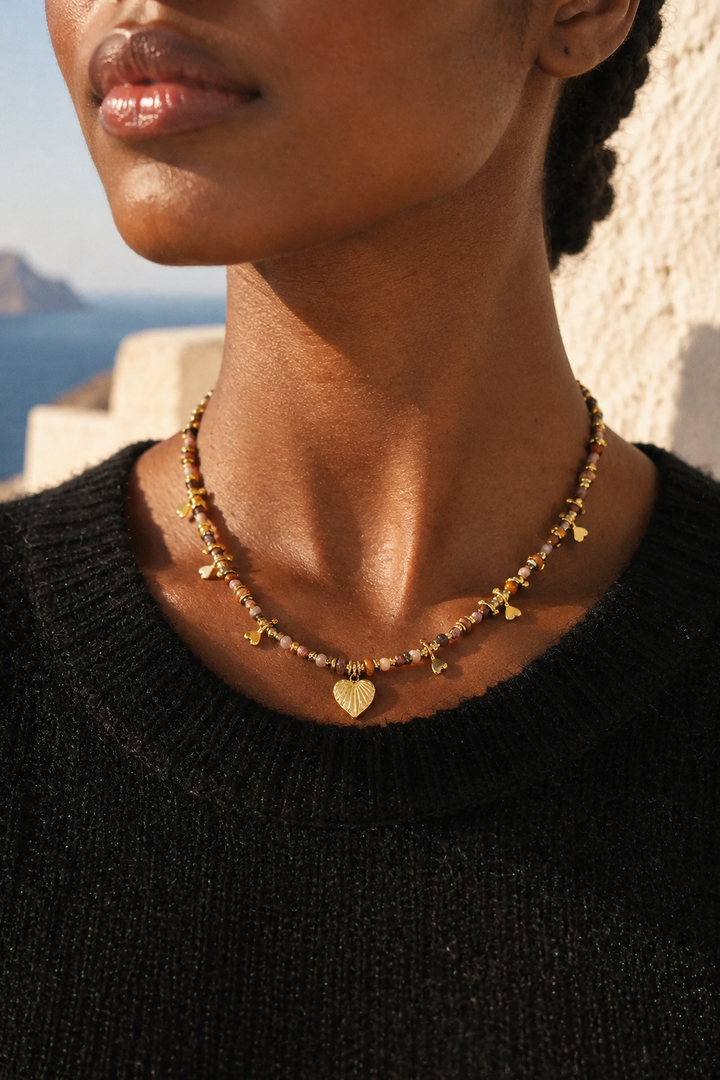 Taupe Beaded Heart Drop Necklace