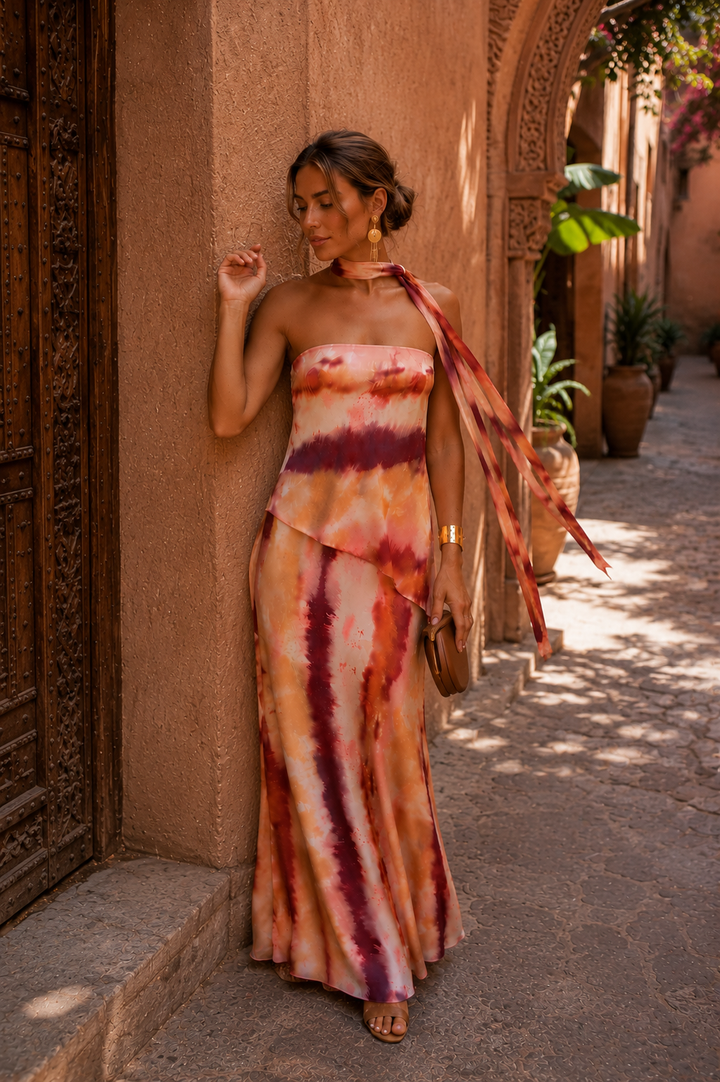 Cara | Long printed dress with strapless neckline