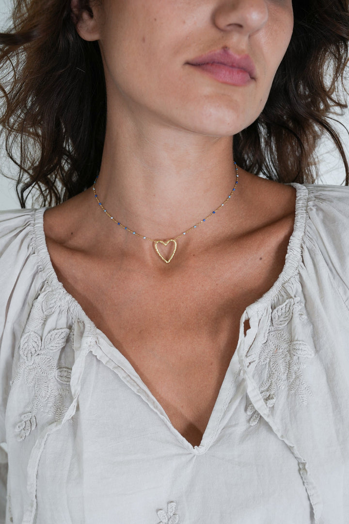 Blue Beaded Heart Necklace