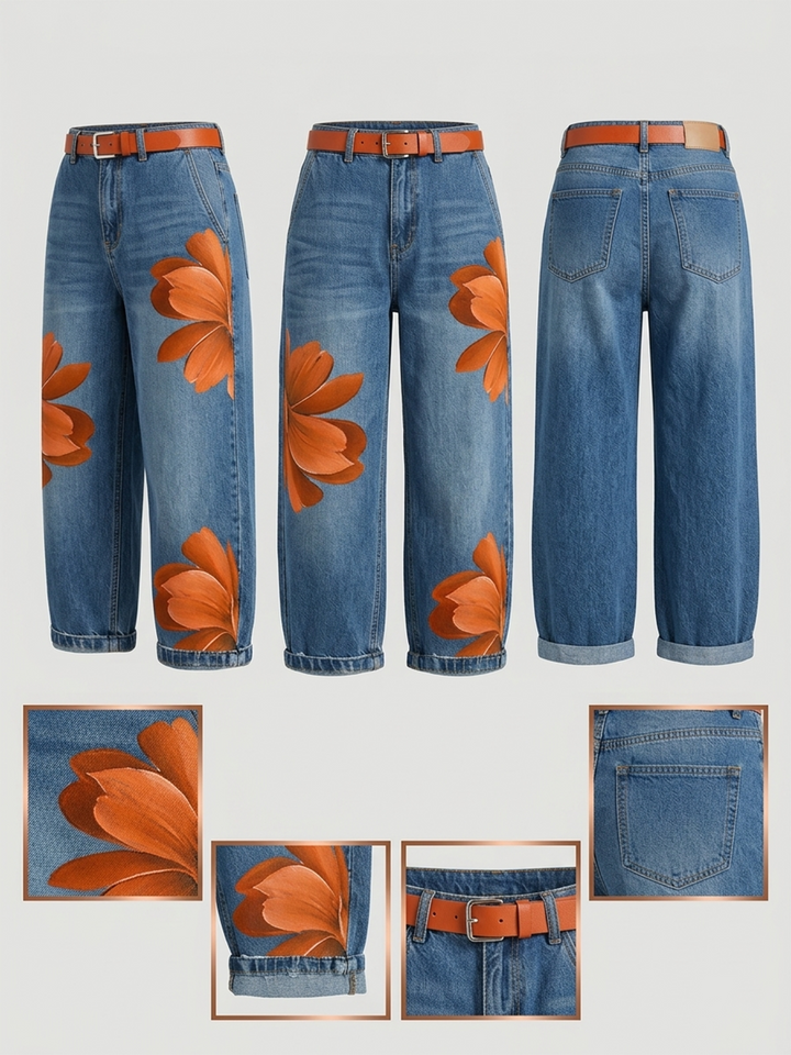 Amalia | Casual Jeans with Red Artistic Print